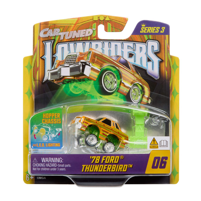 Toy car packaging featuring a '78 Ford Thunderbird with 'Car Tuned Lowriders' branding.