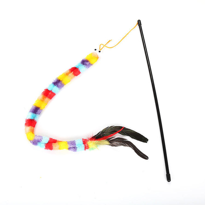 Fuzzy Caterpillar Cat Wand Toy with Feathers - Interactive Teaser Toy - Fun for Cats & Humans - Dog.Dog.Cat.