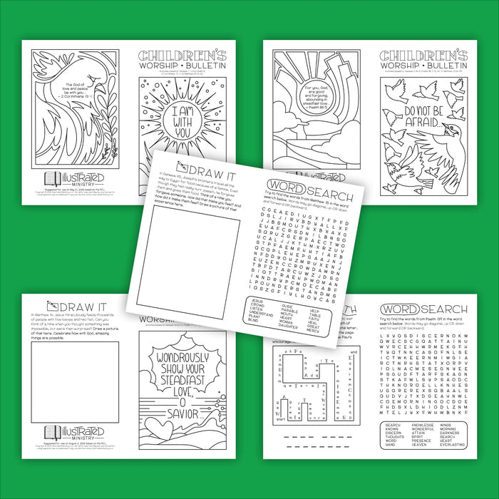 Collection of children's worship and activity pages on a green background