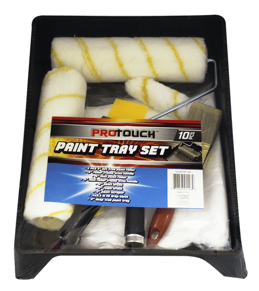 ProTouch DIY & Professional 10 Piece Paint Tray Set, 9" Roller Covers and Frame, 4" Roller Covers and Frame, Putty Knife, Drop Cloth Paint, 2"Paint Brush and 2" Foam Brush. Ideal for Any Wall, Ceiling, Textured Surface, Home or Office Painting - CH91128 MEGA
