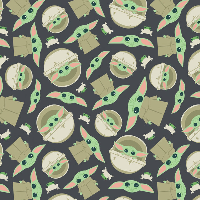 Star Wars Mandalorian Child & Frog Toss on Flannel Grey Fabric, Camelot