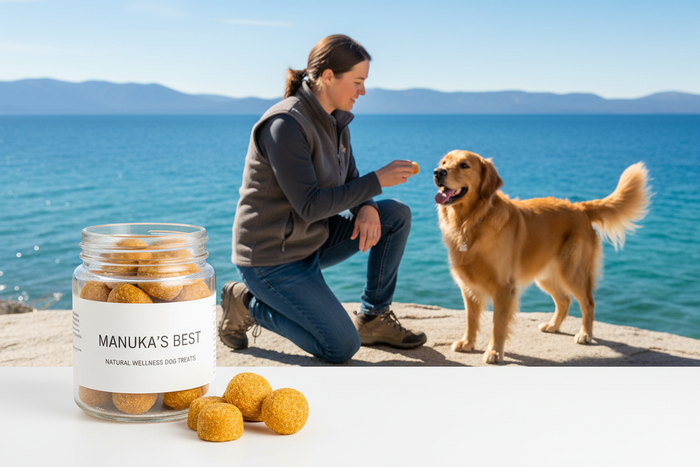 WOOF Manuka Honey dog treats lifestyle image with person giving treat to happy dog