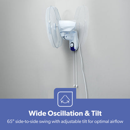 16-Inch White Oscillating Wall Mounted Fan 45W