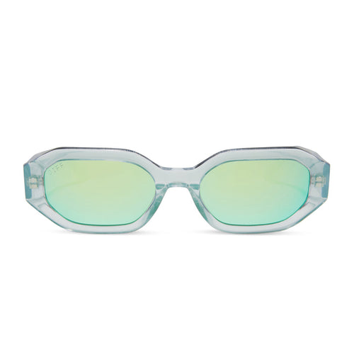 diff eyewear allegra square sunglasses with a opalescent turquoise acetate frame and turquoise ice mirror lenses front view