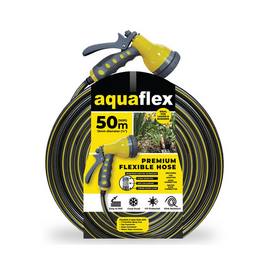 AquaFlex Premium Flexible Garden Hose With 7 Function Spray Gun 50M