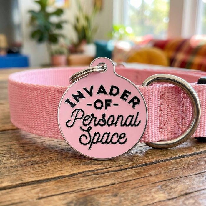 Bad Tags - Dog Tag w/ Digital Pet ID - Invader Personal Space *Pink - Dog.Dog.Cat.