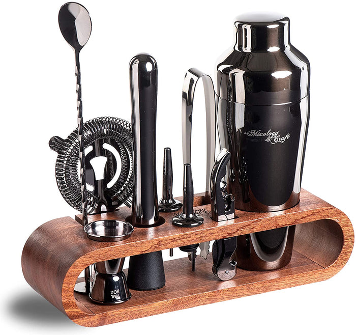 Bartender Kit: 10-Piece Bar Set Cocktail Shaker Set with Stylish Wooden Stand - Eco Trade Company