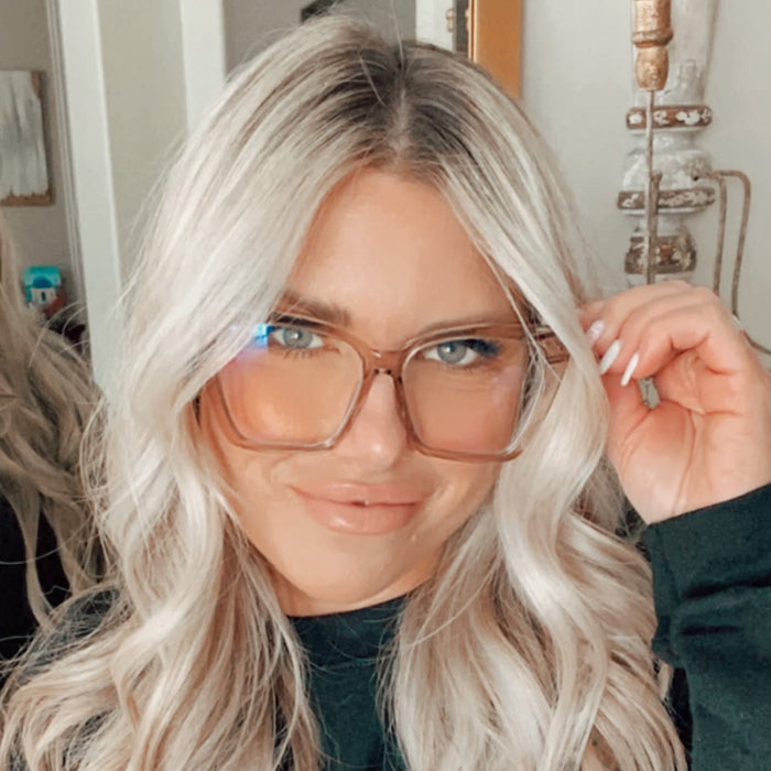 customer content - blonde female wearing becky iv vintage crystal glasses