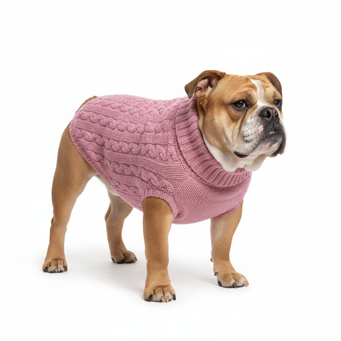 English Bulldog in Cable Knit Sweater