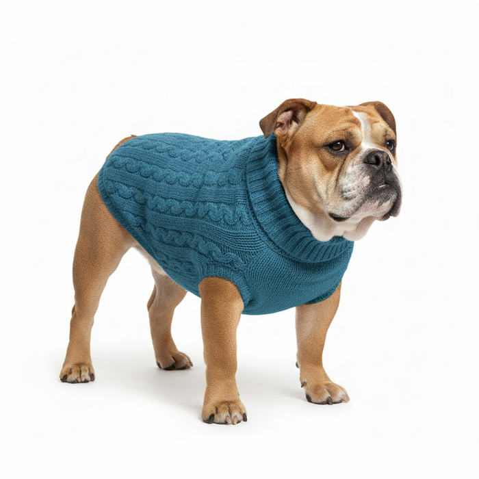 English Bulldog in Blue Cable Knit Sweater