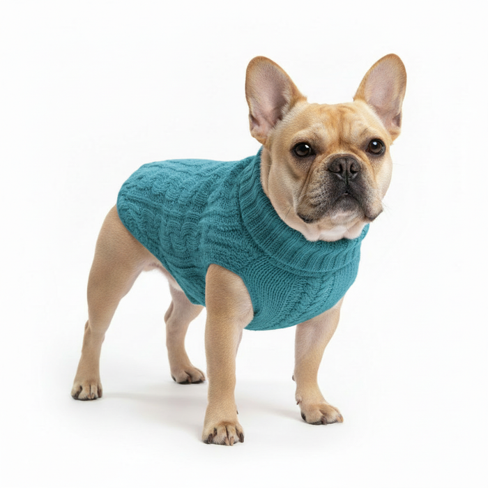 French Bulldog in Blue Cable Knit Sweater