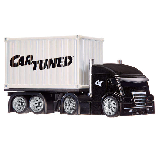 A toy semi-truck with a black cab and a white shipping container carrying the 'Car Tuned' logo, shown on a plain white background.