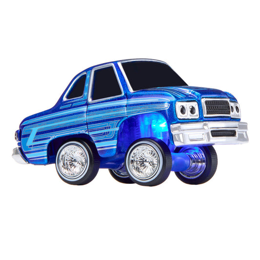 Blue toy car with blue light underneath on a white background
