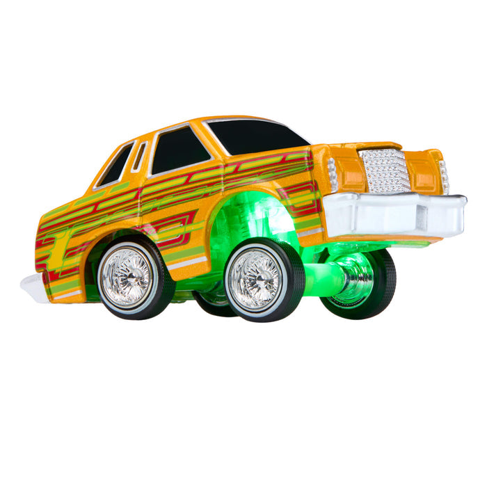 Orange toy car with a striped design on a white background