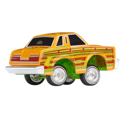 Colorful toy car with a unique design on a white background