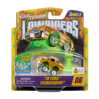 Toy car packaging featuring a '78 Ford Thunderbird with 'Car Tuned Lowriders' branding.