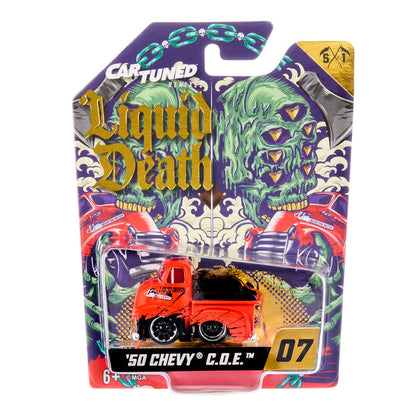 Cart Tuned Liquid Death '50 Chevy C.O.E. red truck in packaging with Brand CarTuned Liquid Death.
