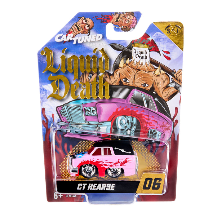 A packaged Car Tuned 'Liquid Death' CT Hearse die-cast toy car, number 06, in its original blister card packaging. The packaging features a colorful illustration of a muscular pink car with a bull skull on the hood and the Car Tuned logo at the top.