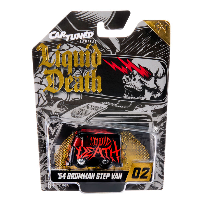 A packaged toy car on a printed blister card. The card shows the brand Car Tuned and the product name 'Liquid Death', with a skull graphic and gold-and-black artwork.