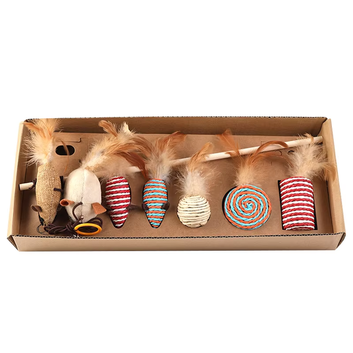 Cat Toy Kit in a Box - Wand Toy + 7 Toys (2 Attachments + 5 Standalone) - Complete Play Set - Dog.Dog.Cat.