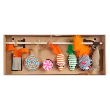 Assorted cat toys in a wooden box on a white background