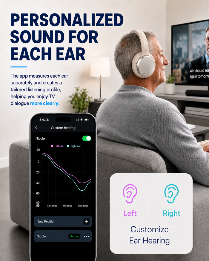 Crescendo Me TV Headphones with Personalized Hearing Profile and HDMI Passthrough, with mobile app  tests hearing  and custom hearing profile.