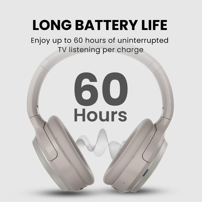 Crescendo Me TV Headphones with Personalized Hearing Profile and HDMI Passthrough, up to 60 hours continuous playback per charge.