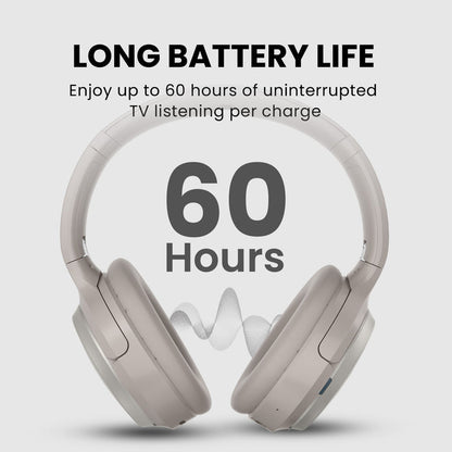 Crescendo Me TV Headphones with Personalized Hearing Profile and HDMI Passthrough, up to 60 hours continuous playback per charge.