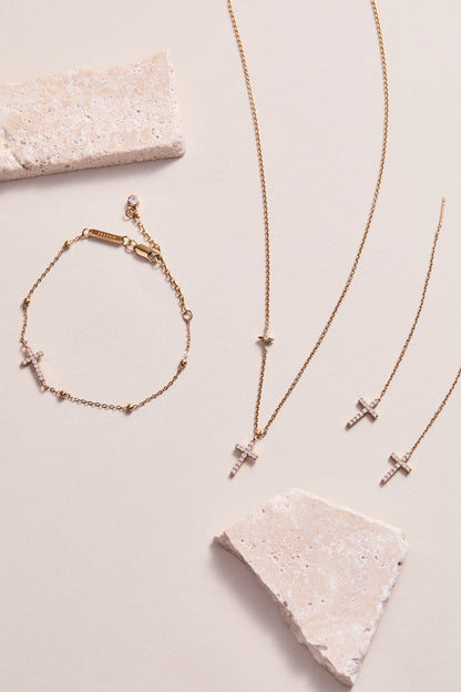 Cross Delicate Pave Crystal Beaded Strand Bracelet