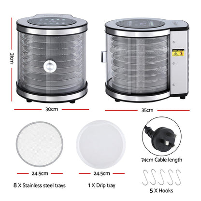 Devanti 8 Trays Food Dehydrator Stainless Steel Auto-Rotate 10 Programs 700W - Devanti