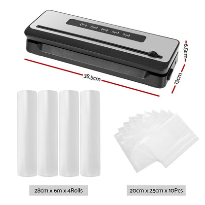 Devanti Food Vacuum Sealer Machine Sealing Cutter 4 Modes Storage Bags 4 Rolls-Silver+Black - Devanti