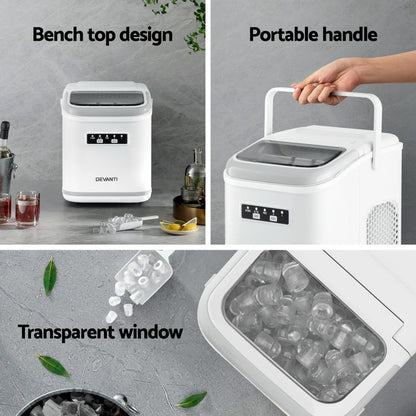 Devanti Ice Maker Machine Portable 12kg Countertop w/Self Cleaning 1.3L White - Devanti
