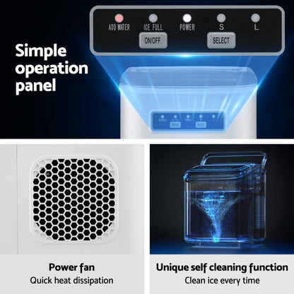 Devanti Ice Maker Machine Portable 12kg Countertop w/Self Cleaning 1.3L White - Devanti