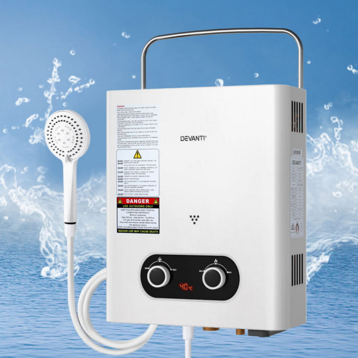 Devanti Portable Gas Water Heater Outdoor Camping Shower White - Devanti