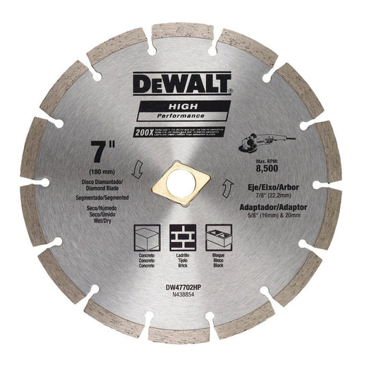 Dewalt Diamond Blade Segmented 7 Inches (180MM) Wet/Dry Use For General Purpose Cutting Of Cured Concrete, Pavers, Brick, Block, Bluestone, Flagstone Or Any Similar Materials - DW47702HP MEGA