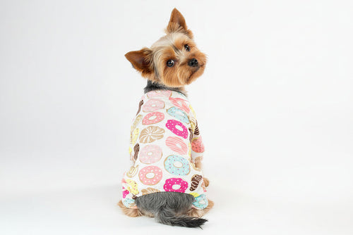 Donut Print Dog Onesie Pajamas - Stretchy 4-Legged Full Coverage for Small Dogs - Dog.Dog.Cat.