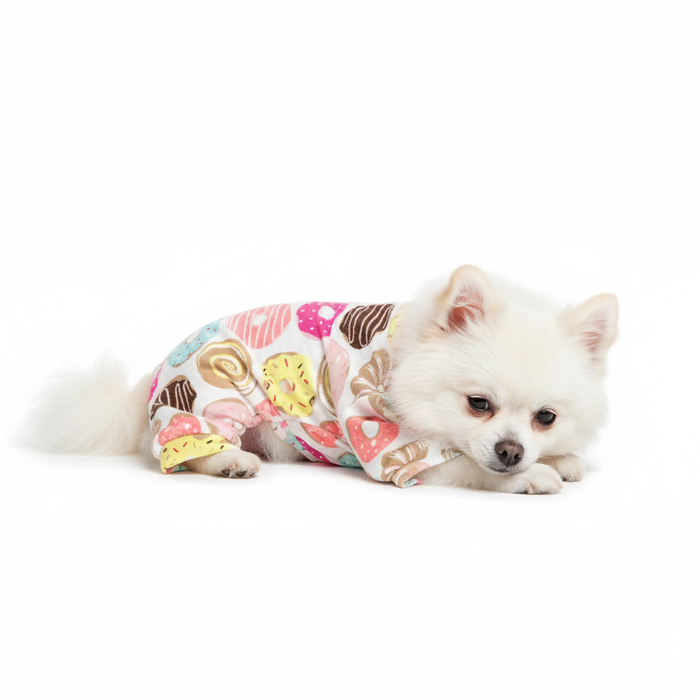 Small Dog in Donut Onesie - Lying Down