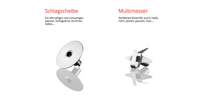 Zwei Metallaufsätze für den Unold ESGE-Zauberstab® E 120 Select Schweiz Rot auf weißem Grund: links die Schlagscheibe, rechts das Multimesser. Der deutsche Text oben erklärt die Anwendung.