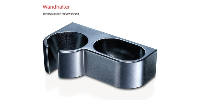 Ein roter ESGE-Zauberstab® E 120 Select Schweiz von Unold mit zwei Fächern – ein rundes, ein rechteckiges – zur praktischen Aufbewahrung. Oben erscheinen die deutschen Wörter „Wandhalter“ und „Zur praktischen Aufbewahrung“.