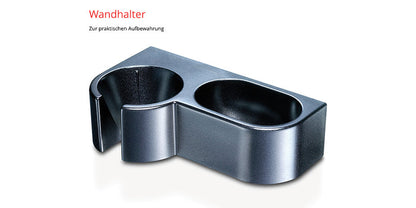 Ein roter ESGE-Zauberstab® E 120 Select Schweiz von Unold mit zwei Fächern – ein rundes, ein rechteckiges – zur praktischen Aufbewahrung. Oben erscheinen die deutschen Wörter „Wandhalter“ und „Zur praktischen Aufbewahrung“.