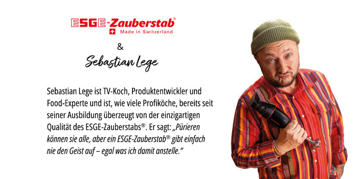 Ein Mann mit grüner Mütze und gestreiftem Hemd hält den Unold ESGE-Zauberstab® Petticoat Edition in der Hand und zeigt darauf. Im Text wird er als Sebastian Lege, Fernsehkoch und Produktexperte, vorgestellt, der die Qualität des Mixers bestätigt.