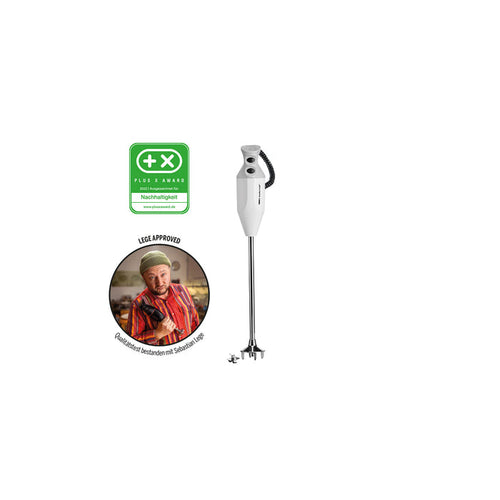 Der Unold ESGE-Zauberstab® G 350 Gastro Max Stabmixer steht aufrecht, mit einer grünen Nachhaltigkeitsplakette oben und einem kreisförmigen Bild unten, das einen lächelnden Koch zeigt, der den Daumen nach oben streckt, um zu signalisieren, dass er vom Küchenchef genehmigt wurde.