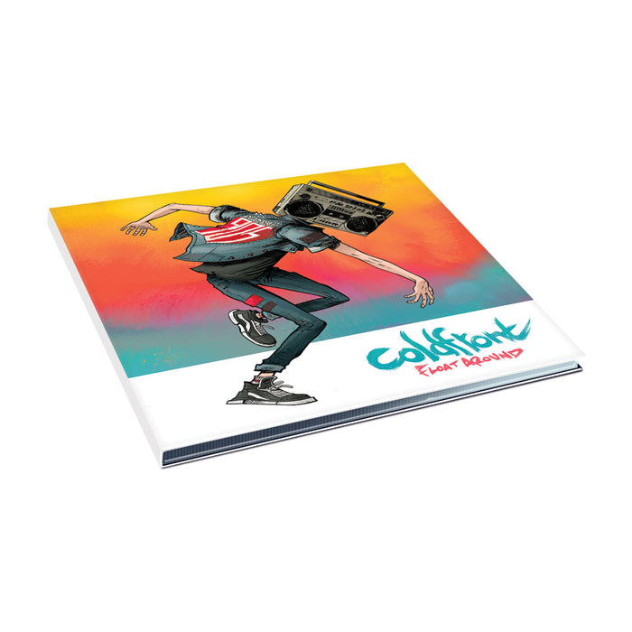 Coldfront album with vibrant cover art: a cartoon figure with a boombox head, jeans, and sneakers against an orange-yellow-red gradient. Includes “Float Around” by Natalie. CD track list shown beneath the Coldfront title.