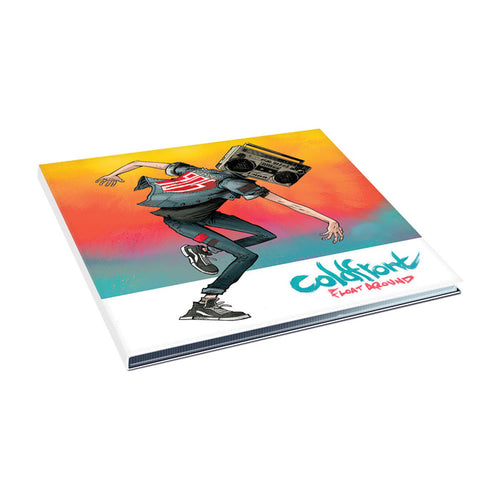 Coldfront album with vibrant cover art: a cartoon figure with a boombox head, jeans, and sneakers against an orange-yellow-red gradient. Includes “Float Around” by Natalie. CD track list shown beneath the Coldfront title.