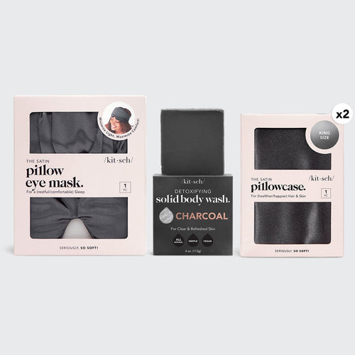 KITSCH For Him Night & Day Care Kit - King — hero shot — king pillowcases, eye mask, and body wash bar