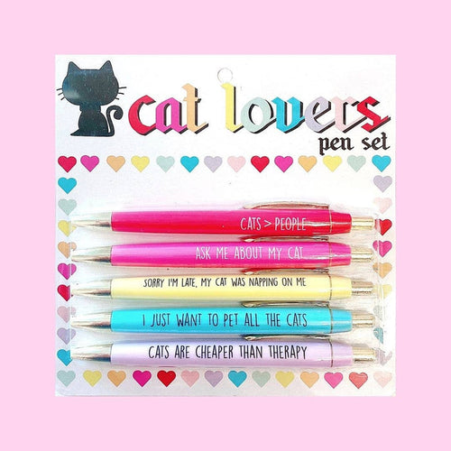 Fun Club Cat Lovers Pen Set - 5 Black Ink Pens with Funny Cat Sayings - Dog.Dog.Cat.