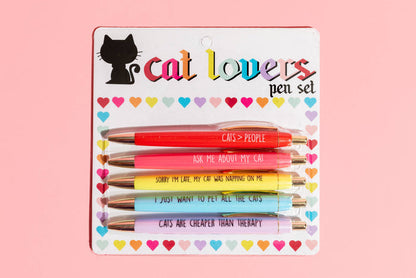 Fun Club Cat Lovers Pen Set - 5 Black Ink Pens with Funny Cat Sayings - Dog.Dog.Cat.