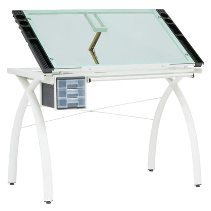 Futura Craft, Drafting, Drawing Table with Adjustable Top and Supply Storage, Matte Ivory / Sea Green Glass  10039