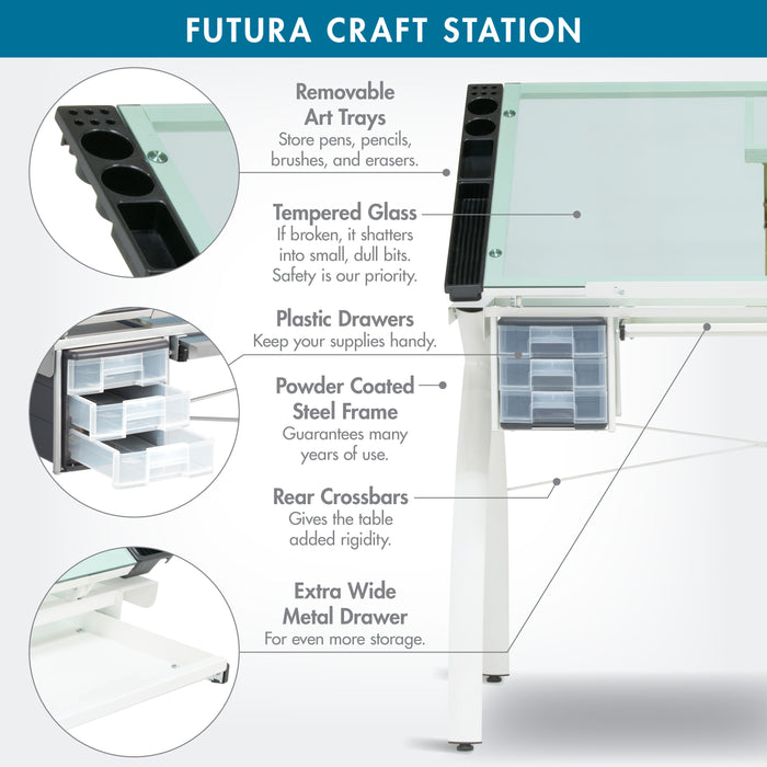 Futura Craft, Drafting, Drawing Table with Adjustable Top and Supply Storage, Matte Ivory / Sea Green Glass  10039