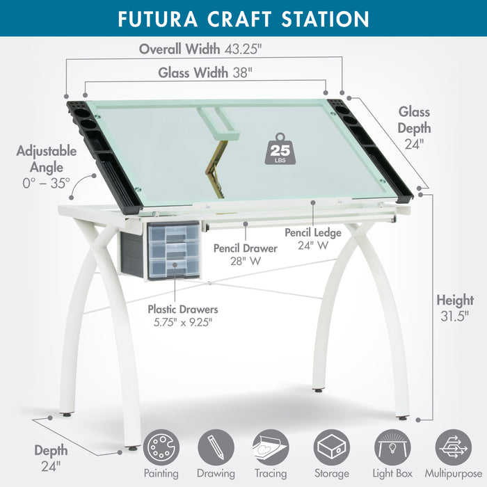 Futura Craft, Drafting, Drawing Table with Adjustable Top and Supply Storage, Matte Ivory / Sea Green Glass  10039